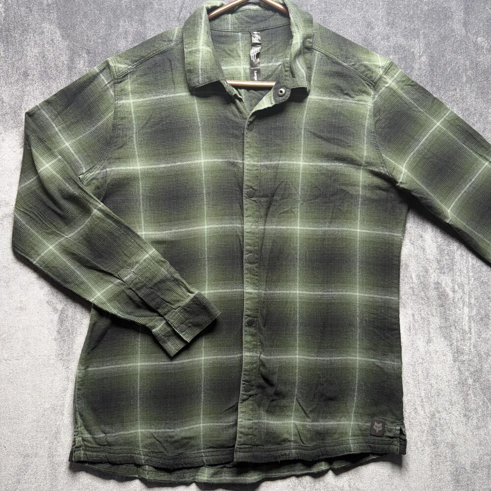 Fox Shirt Mens Large Green Plaid Flannel Button Up Long Sleeve Stretch Casual